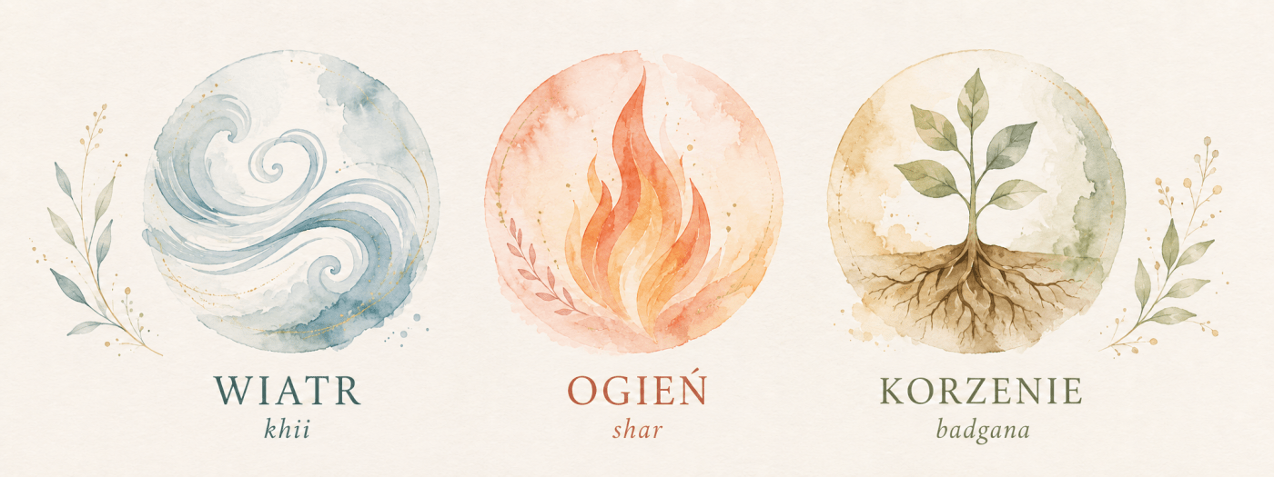 The three ERKA forces — Wind (khii), Fire (shar), Roots (badgan)